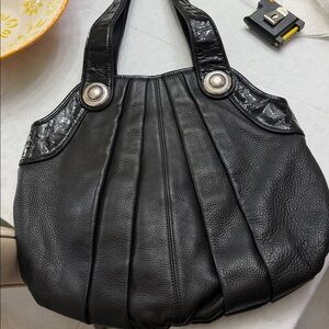 Brighton Black Leather/Patent Bag with animal print inside